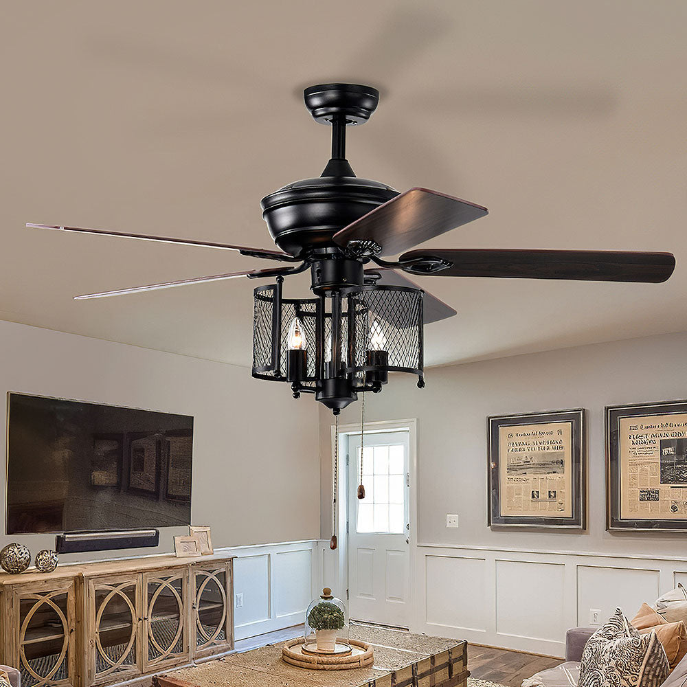 Industrial Iron Mesh Ceiling Fan With Light And Remote -Homdiy