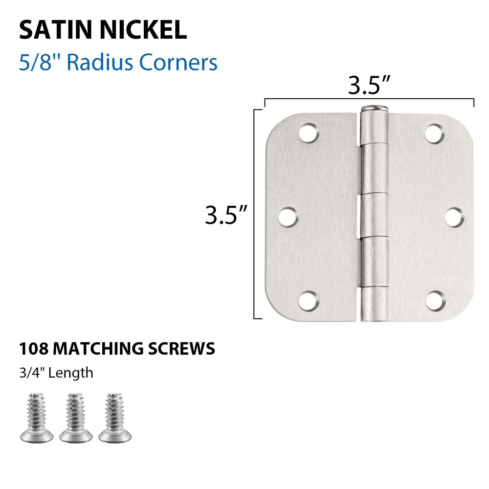 18 Pack Satin Nickel Rounded Doors Hinges 3.5 x 3.5 inch with 5/8" Radius Corners -Homdiy